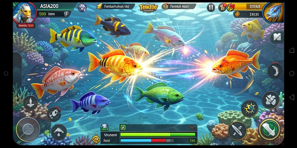 Tampilan gameplay seru dalam ASIA200 saat menembak ikan.