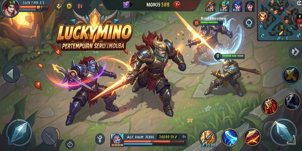 Screenshot utama LUCKYMINO menampilkan aksi seru di arena MOBA.