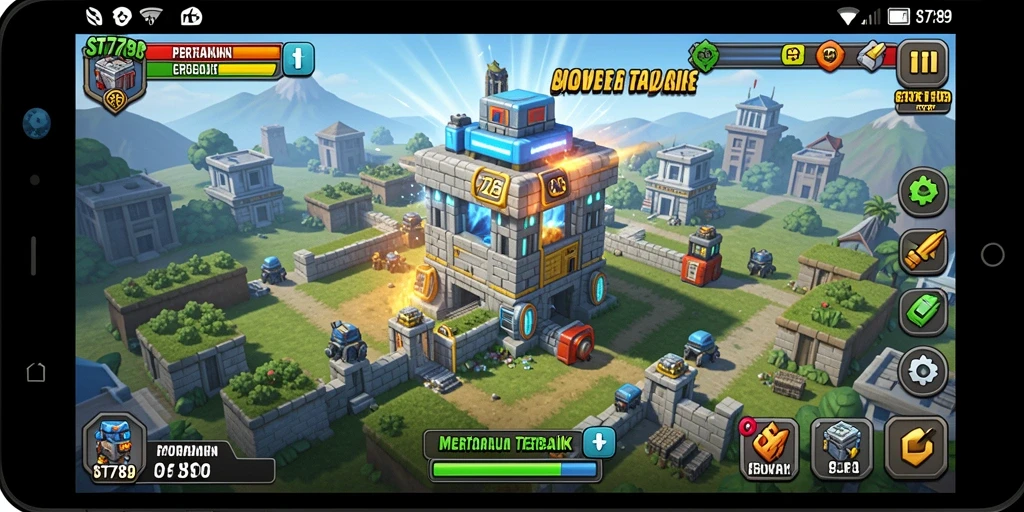 Screenshot gameplay ST789 menunjukkan aksi menara pertahanan melawan gelombang musuh.